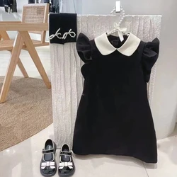 Girls' Dress Summer New Fashionable Sweetheart Lapel Flying Sleeves Small Black Dress A-line Dress Korean Children's Dress