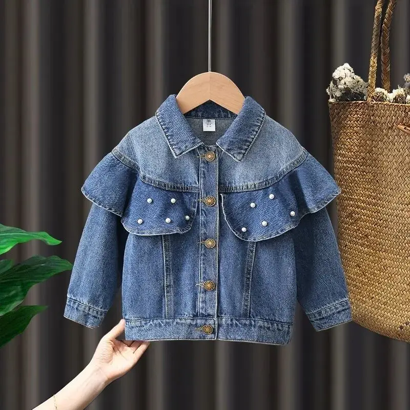 2-7Y Girls Denim Jacket Spring and Autumn 2023 New Children\'s Korean Jeans Pearl Top Girls Baby Fashion Coat