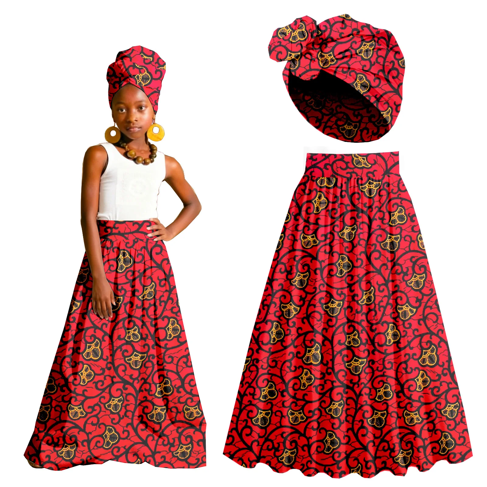تنانير Bayby Girl ملابس أفريقية مطبوعة فستان ماكسي Dashiki Anakra ملابس للأطفال مع غطاء للرأس