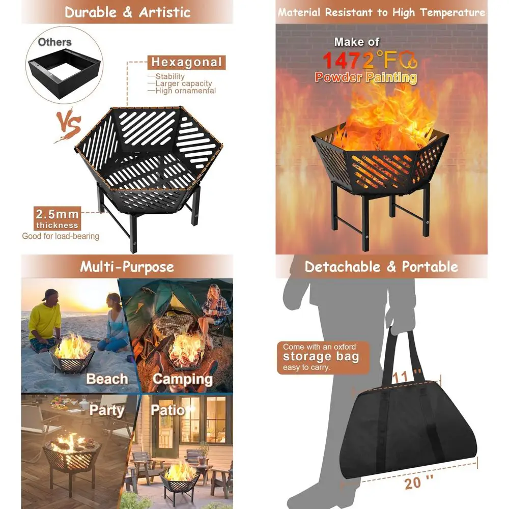 

Портативная шестигранная костра 22,5 с сумкой для переноски — бездымная уличная дровяная костра для кемпинга, заднего двора, патио, косточек
