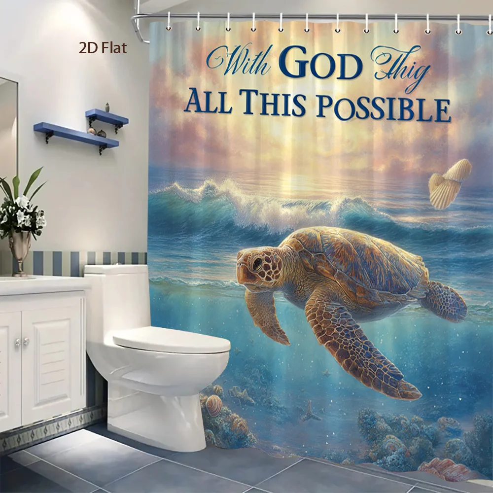 Ocean Sea Turtle Shower Curtain Waterproof Inspirational Christian God Art Tropical Beach Coastal Bathroom Home Decor