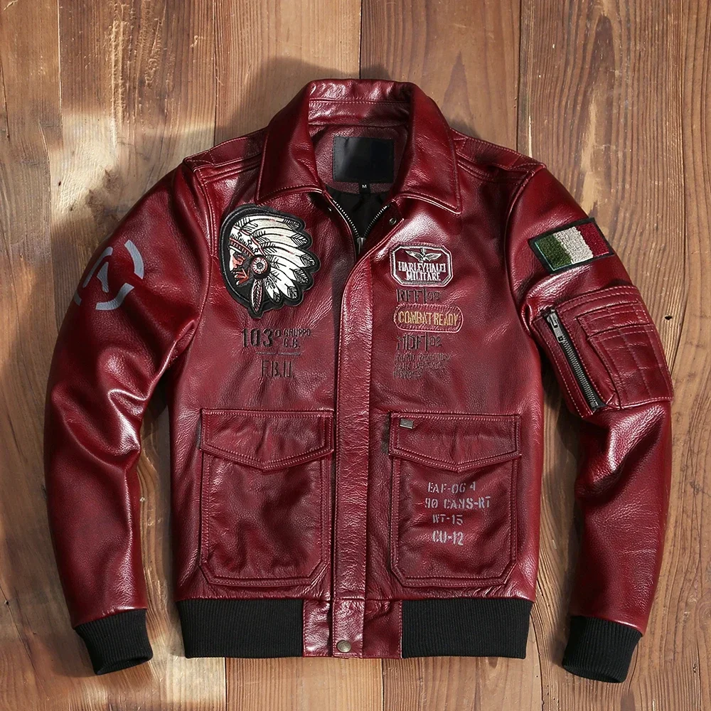 

Classic Indian Embroidery Leather Jacket Men Aviation Fight Coat Genuine Cowhide Natural Leather Clothing Motorcycle Asian Size