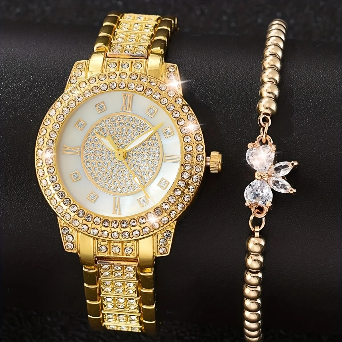 

1pc Casual Rhinestone Decor Quartz Watch Elegant Round Pointer Analog Wristwatch & 1pc Bracelet, Gift For Mom/Girlfriend