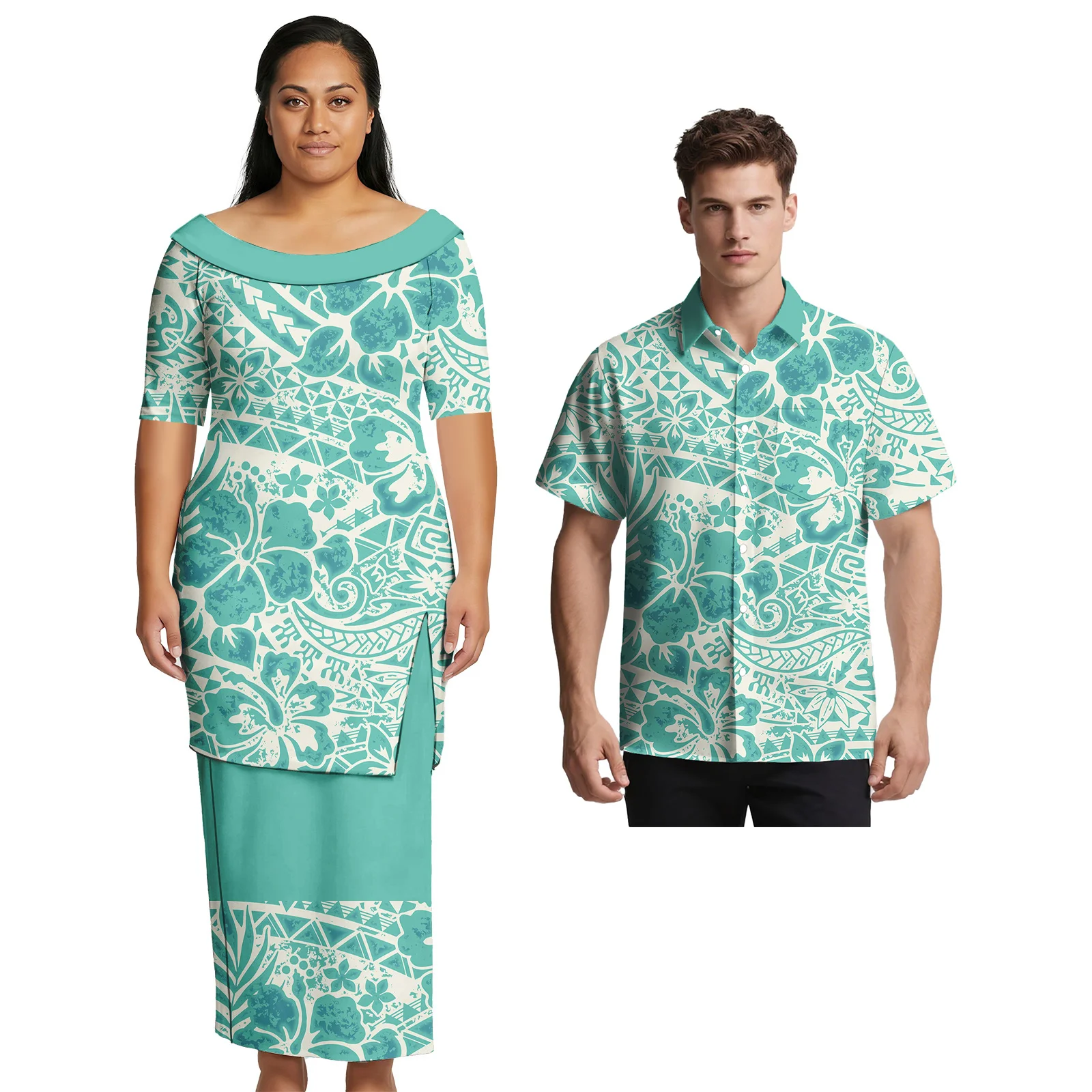 

Парные комплекты одежды с тропическим узором: мужские рубашки больших размеров в полинезийском стиле и женские платья Алоха. Одежда для влюбленных в самоанском стиле.