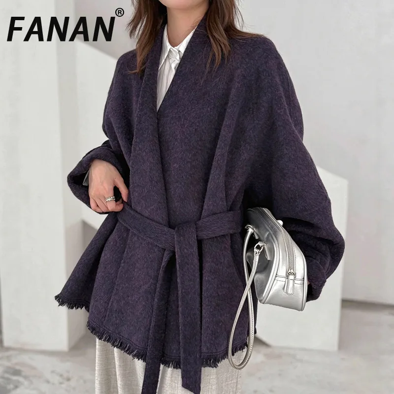 FANAN Women Wool Blend Coat V Neck Belted Waist Fringe Hem Oversized Loose Short Warm Autumn Winter Wool Overcoat