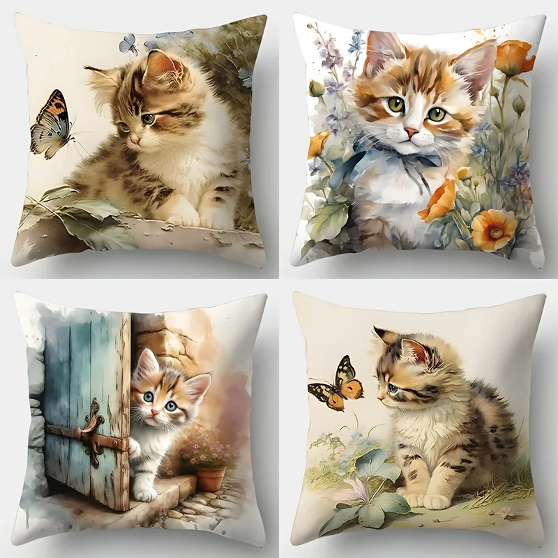 4-Pack Cute Cat Print Pillow Covers, Modern Style Decorative Cushion Cases for Home, Bedroom, Living Room, and All Room Types