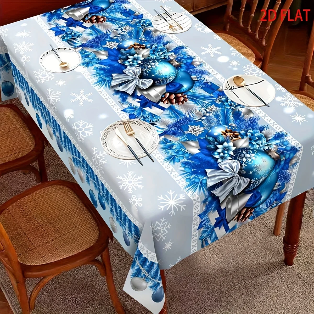 1pc 2D Flat Christmas Polyester Tablecloth with Blue Christmas Balloons, Bells, And Bow Patterns, Featuring a Winter Snowflake C