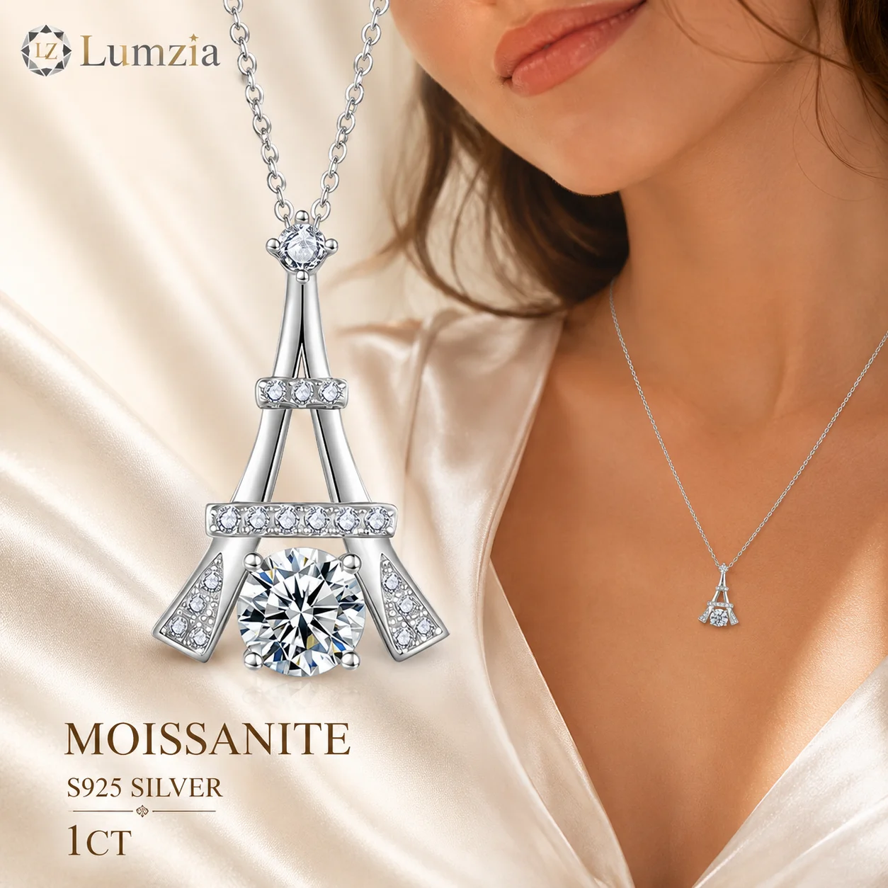 Moissanite Paris Necklace S925 Sterling Silver Eiffel Tower Pendant 45+5cm Chain Fine Jewelry Gift for Women