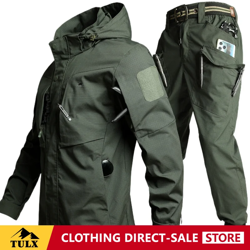 Spring Autumn Outdoor Tactical Camouflage Set Men Cotton Mesh Elastic Work Pants Jacket Wear Resistant Tearproof Work Clothes