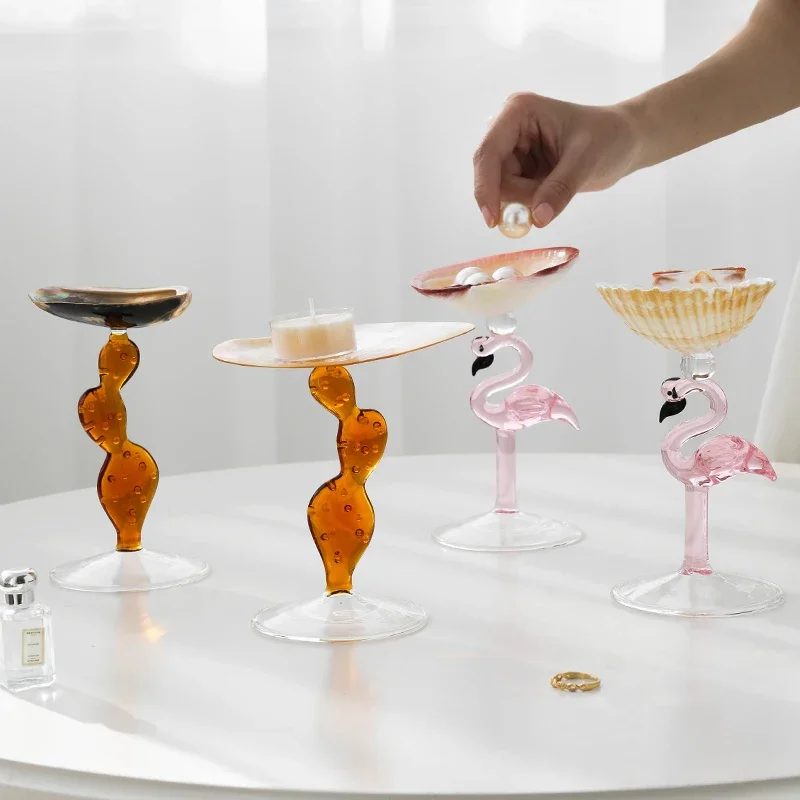 Shell Candle Holders Glass Flamingo Base Natural Conch Aromatherapy Candle Cup Creative Home Decor Ornament Candlestick Gift