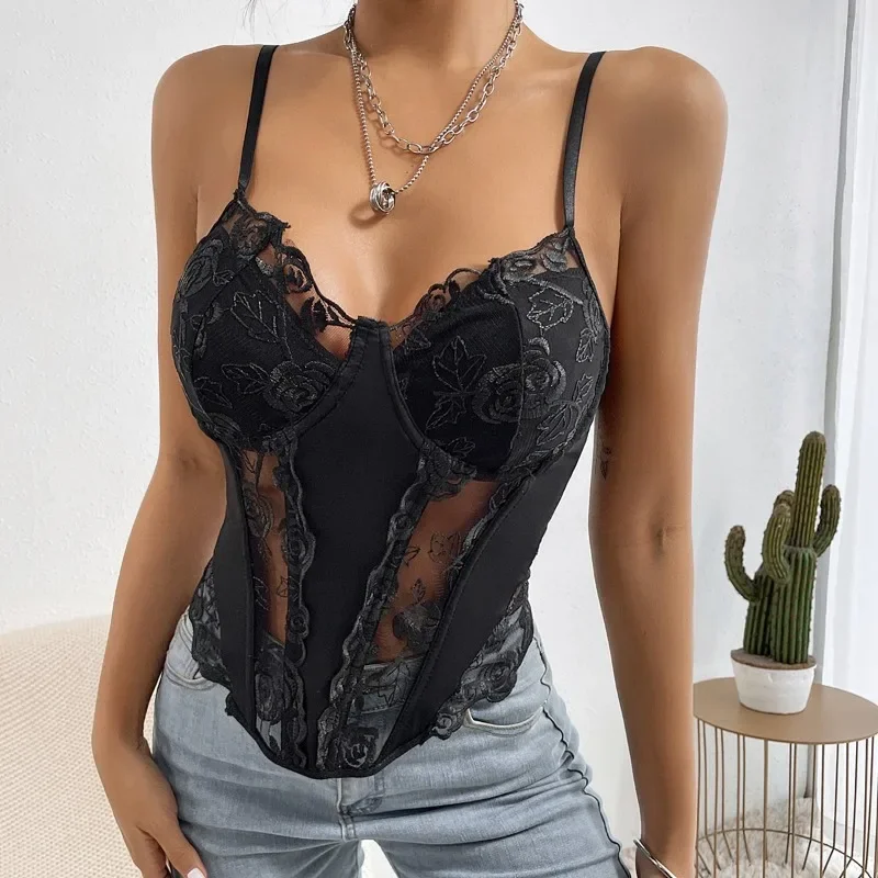 CHUANGERM seksowny koronkowy gorset kwiat haftowany Spaghetti nieregularny Y2K drążą topy typu tuba Camis Slim Fit biustonosz Fishbone Camisole