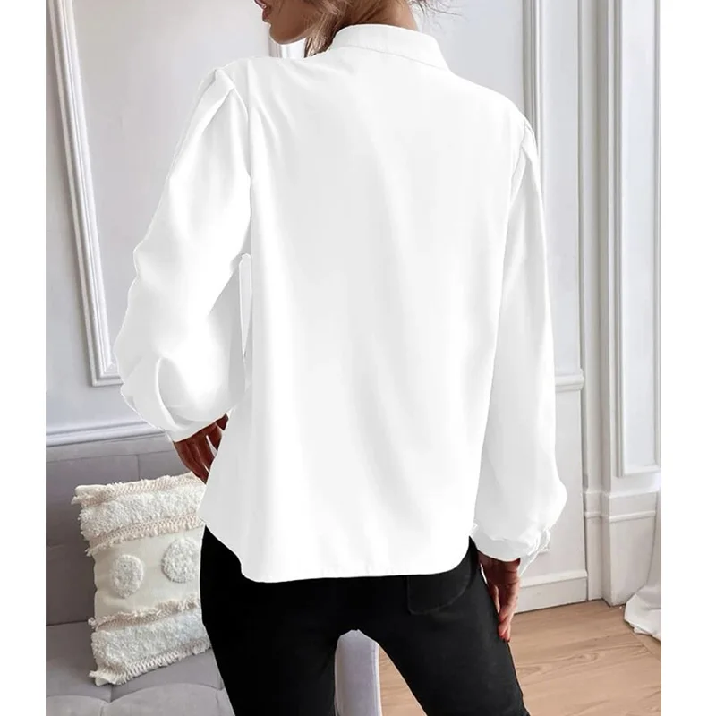 Elegant Temperament Female Clothing Solid Loose Fitting Lantern Long Sleeves Blouse Half Open Collar Pleated Pullover Shirt