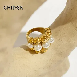 Ghidbk Stainless Steel Chunky Gold Plated Ball Faux Pearls Ring Women Statement Big Large Rings Hyperbole Jewelry Waterproof
