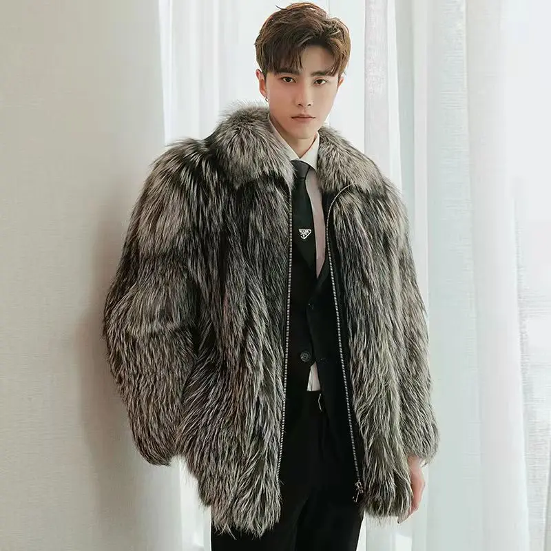 Winter Men's New Fashion Fur Coat Casual and Westernized Warm Silver Fox  Windbreaker  2023 Leather Jacket  A219