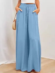 2025 Spring Summer New Women's Fashion Ruffle Solid Color Casual Wide Leg Loose Tie Waist Pants For Women