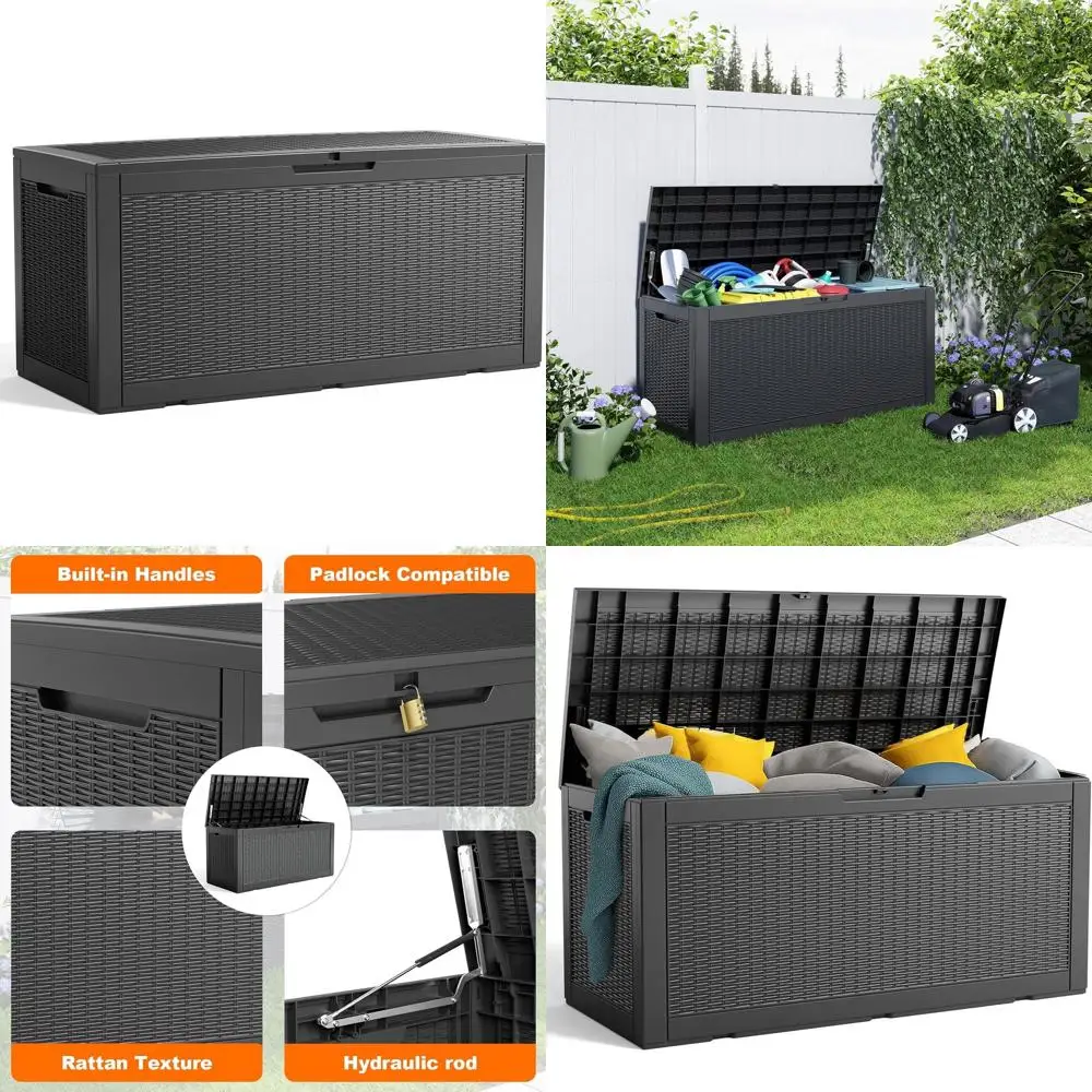 

100 Gallon Lockable Outdoor Storage Box for Patio, Garden Tools, and Furniture - Black Waterproof