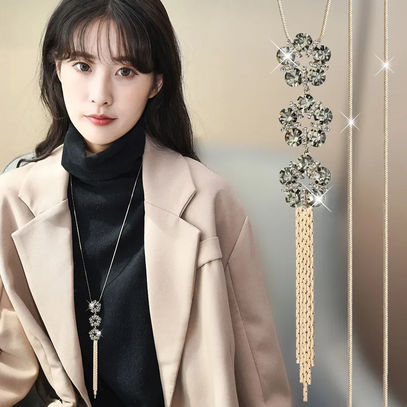 새로운 꽃무늬 태슬 스웨터 체인, 여성용 패셔너블한 롱 목걸이