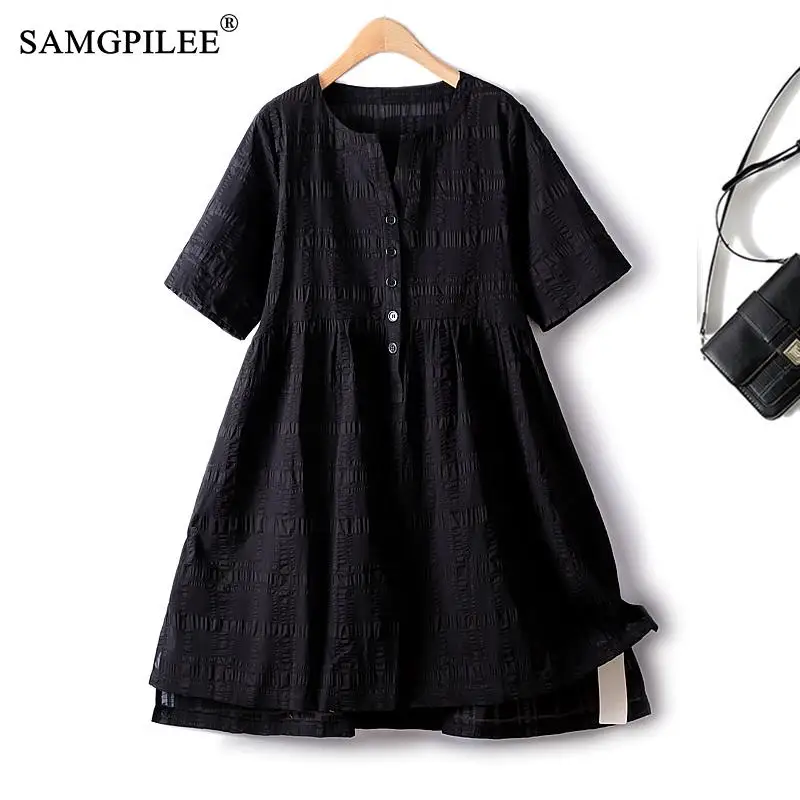 

European Dresses For Women 2023 Retro Dark Plaid Loose Pinched Pleated Short Sleeve Hepburn Style Summer Female Dress 4XL