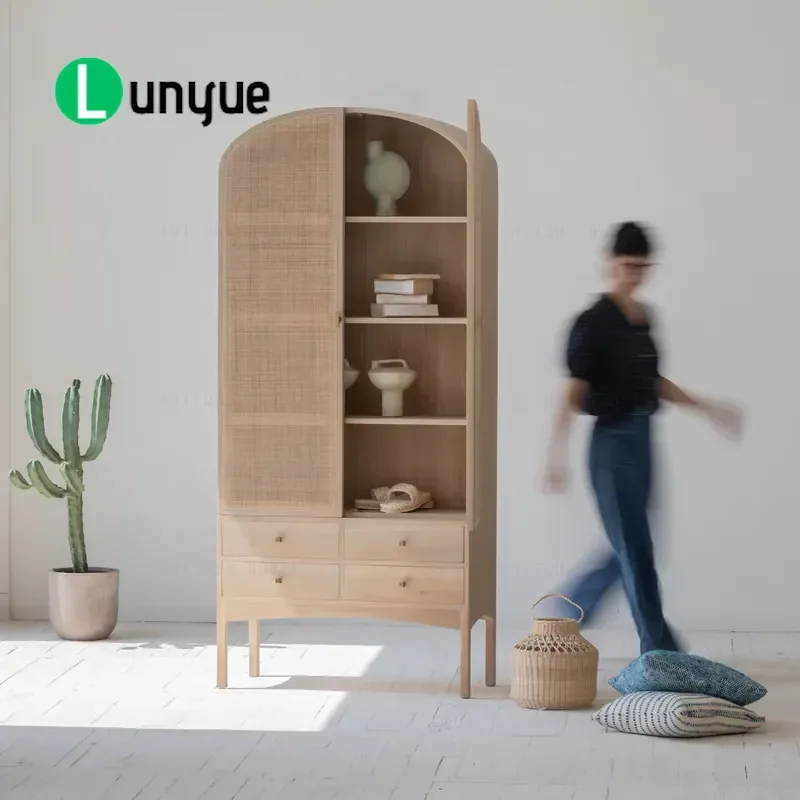 Natural Oak Rattan Cabinet Vintage Bohemian Wooden Wardrobe with Drawer Contemporary Organic Accent Furniture for Living Room