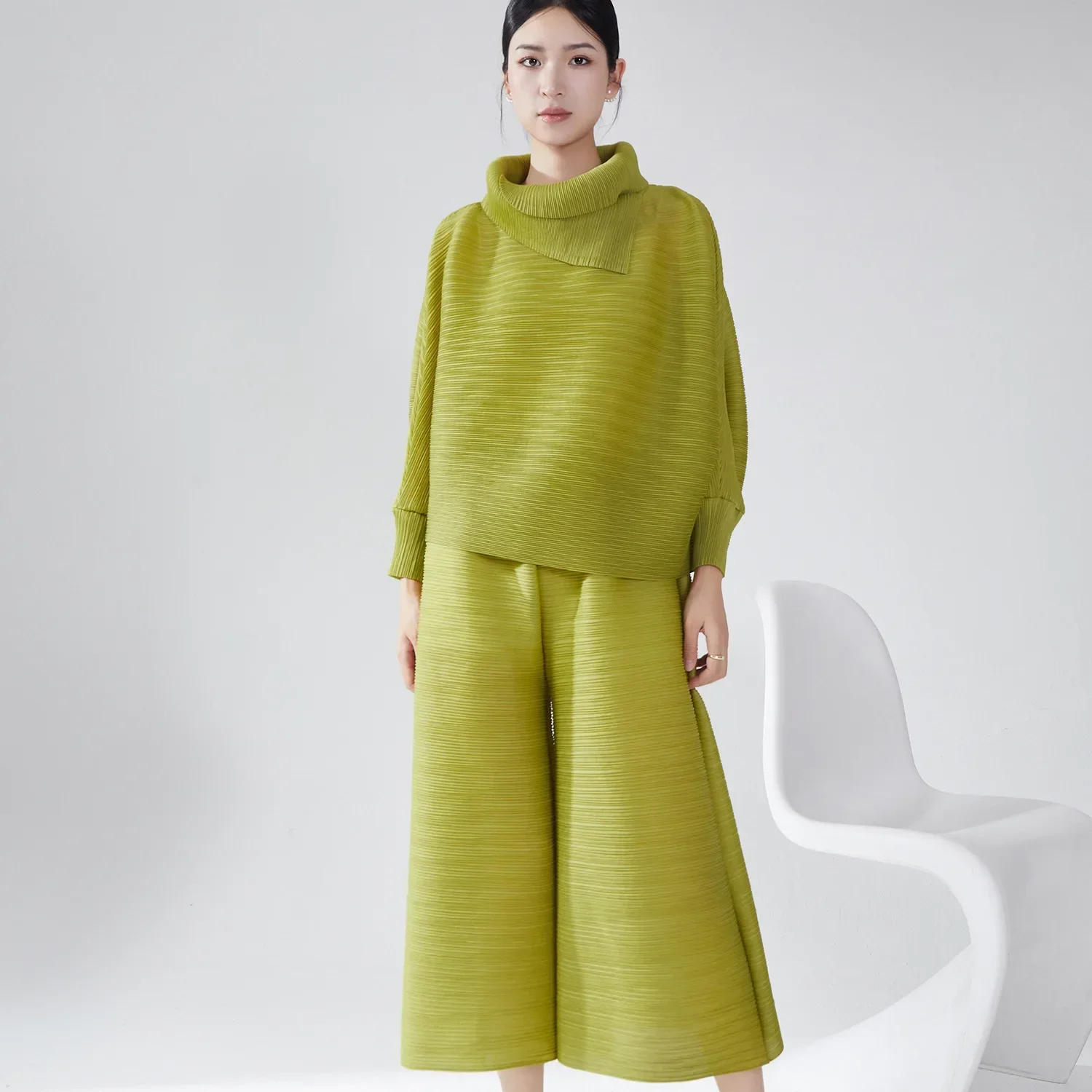 Fold Miyake Pleated High Collar Lantern Sleeve Tops Wide Leg Pants Women Spring Causal Two Piece Sets