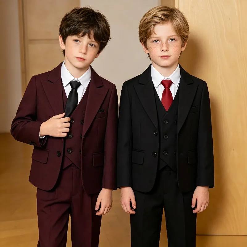 Kids Boys Formal Suit Set Children Blazer Shirt Pants Tie Wedding Birthday Party Outfit Gentleman Clothes Black Red Beige 2-14Y