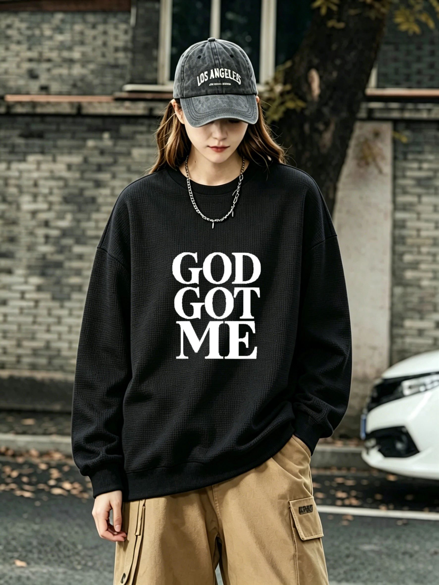 

Women's Black Waffle-Knit Sweatshirt with "GOD GOT ME" Print, Casual Oversized Top for Spring & Fall