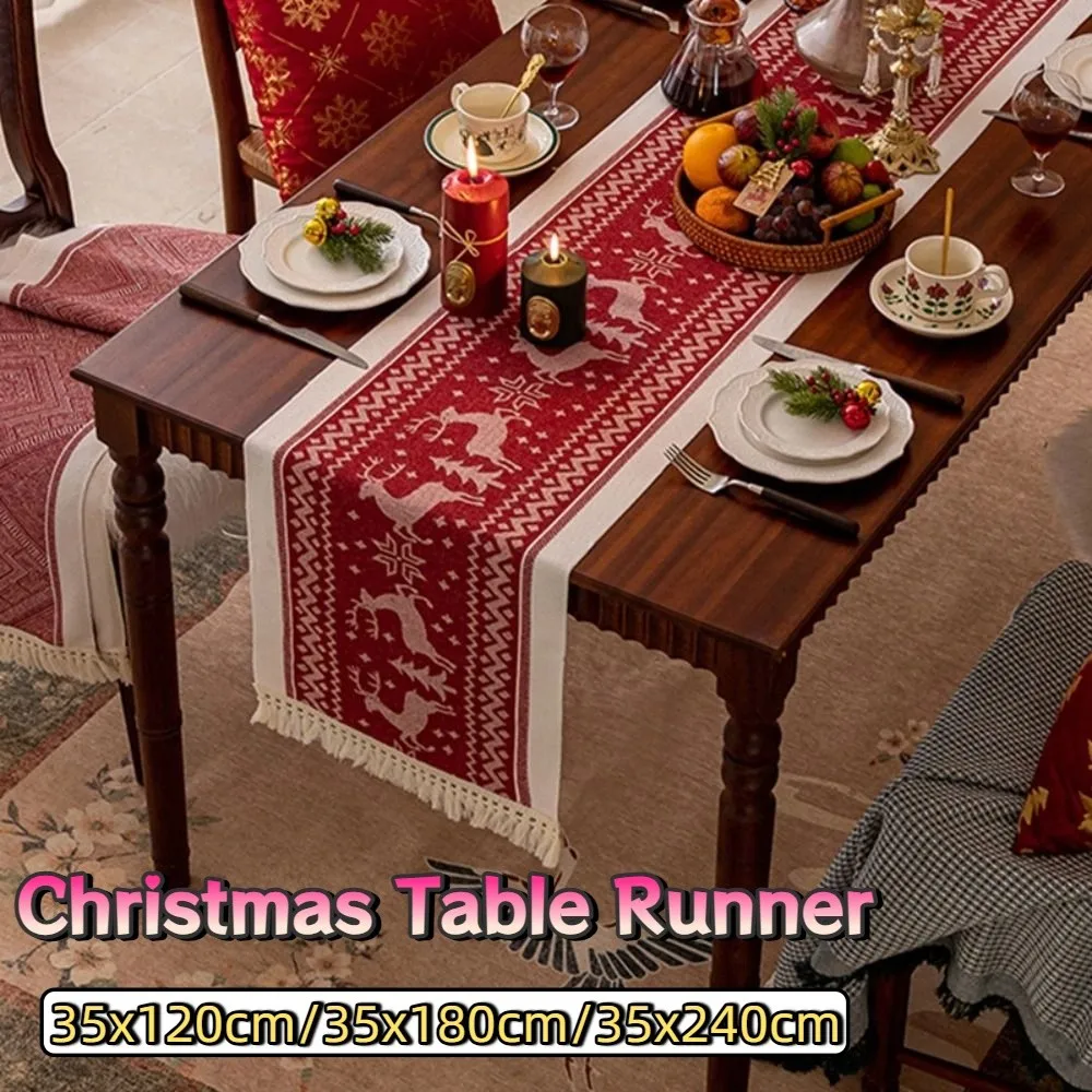 Rectangle Christmas Table Runner Thickened Christmas Tree Printed Elks Tablecloth Red Table Flag Xmas Desktop Decoration