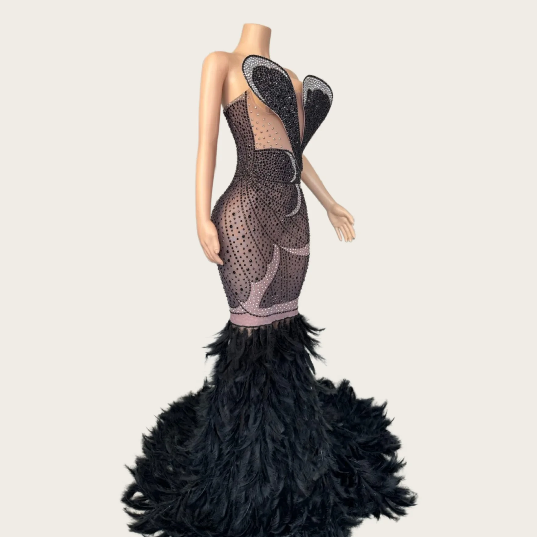 

Mifeng Elegant Sparkly Rhinestones Feathers Floor-length Dress Women Sexy Birthday Wedding Prom Evening Dress Photo Shoot Wear