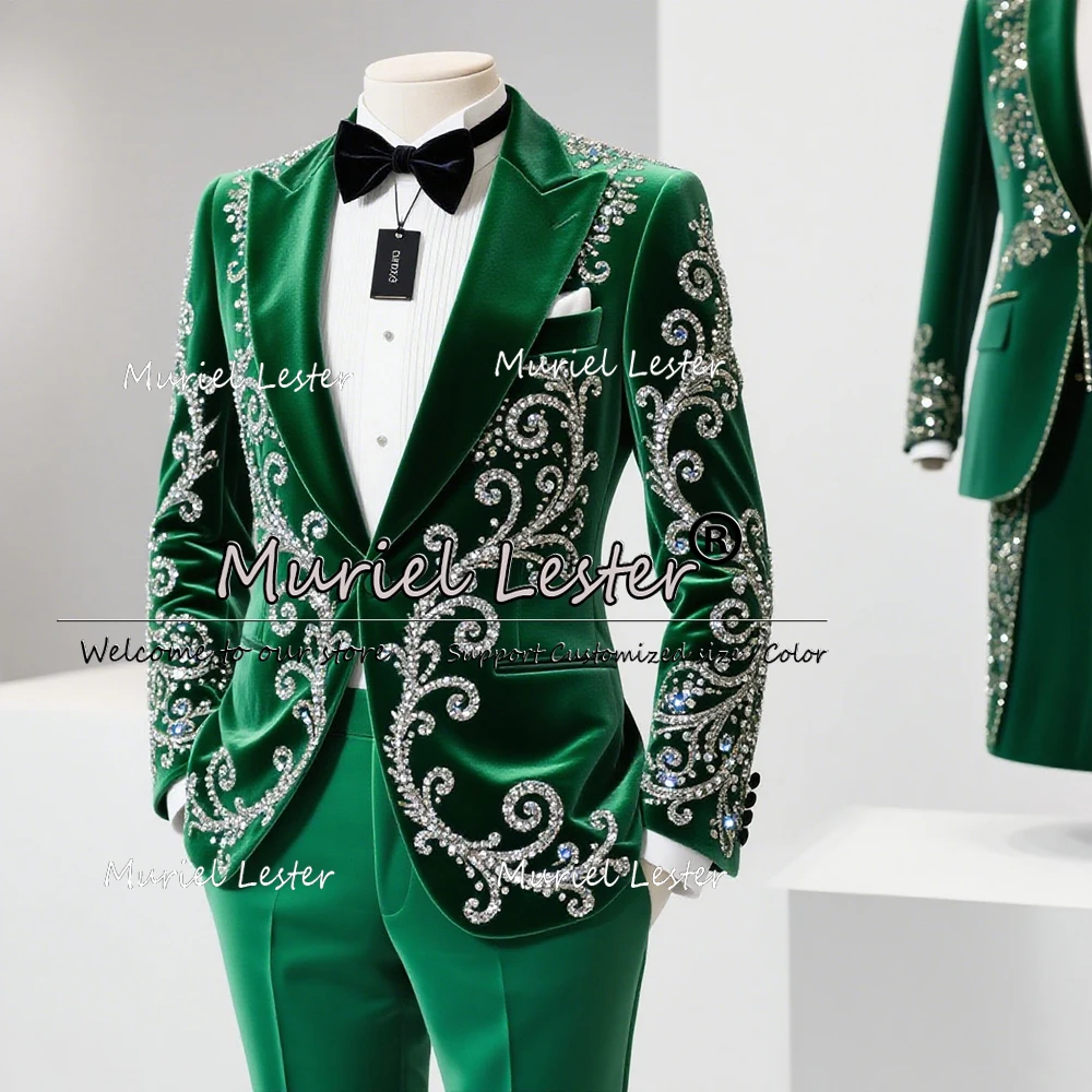 

Бархатный мужской костюм-смокинг со сверкающими камнями и бисером, комплект из 2 предметов, жених, свадебный мужской вечерние Ropa, пиджак, костюм жениха по индивидуальному заказу, Homme