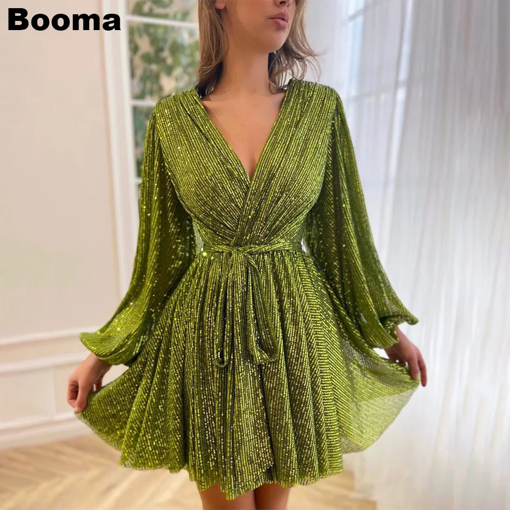 

Booma Avocado Green Sequined Mini Prom Dresses V Neck Long Sleeves Prom Dresses Special Occasion Gown for Women Cocktail Dresses