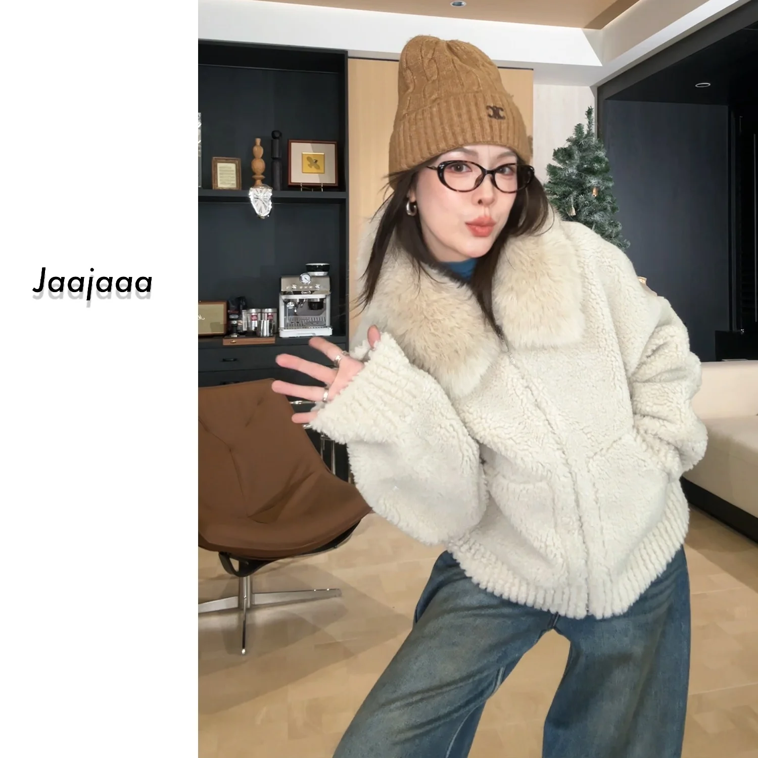

Мягкое шерстяное пальто Jaajaaa с большим меховым воротником, универсальная теплая женская верхняя одежда для повседневного использования, зимняя коллекция