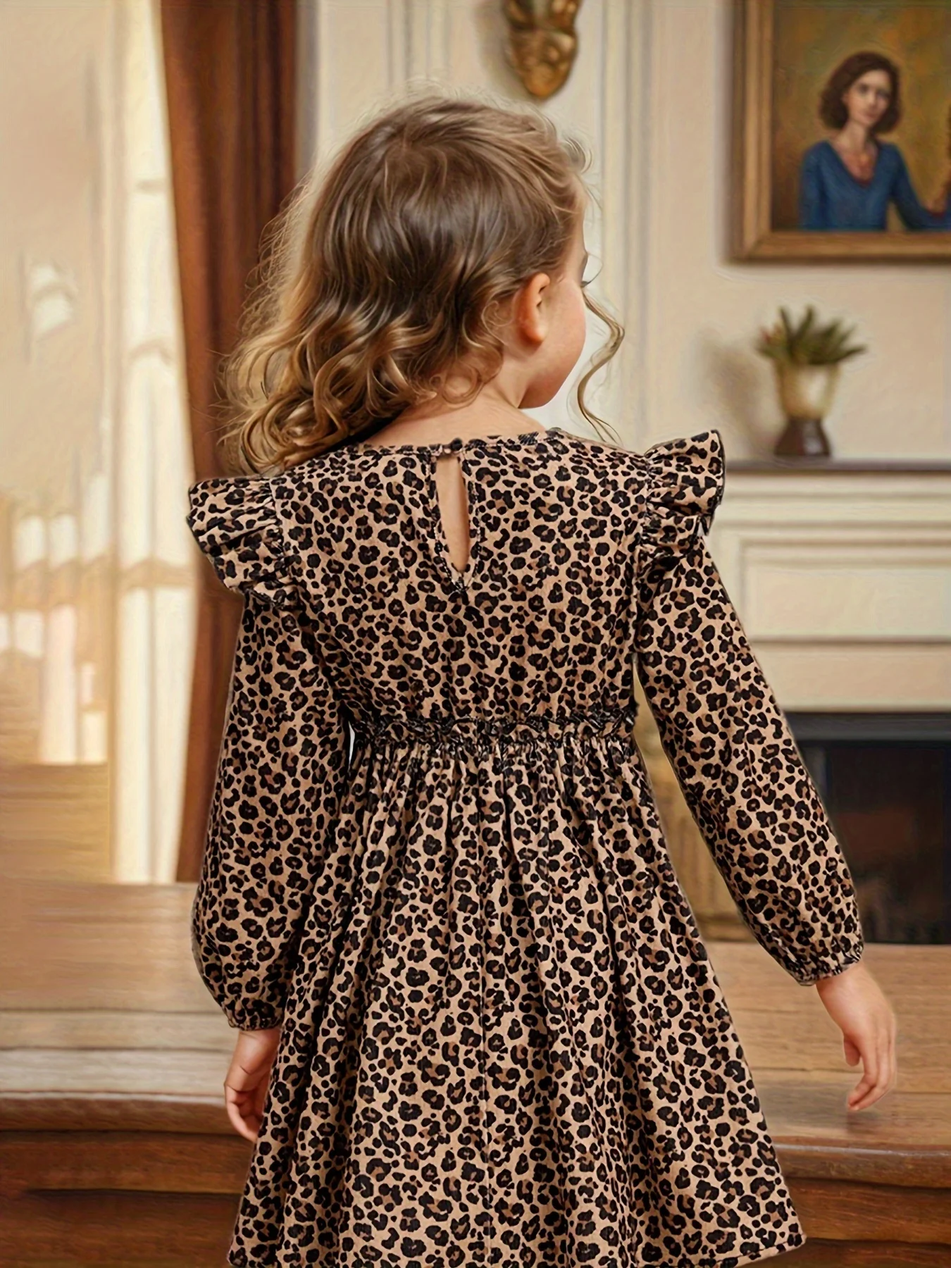 Girls' Casual Dress with Leopard Print, Long Sleeves, Water Drop Collar, Small Flutter Sleeves, Ruffled Pleats, Fashionable and Simple, Suitable for Children Aged 3-10, Versatile Clothing for Various Summer Occasions