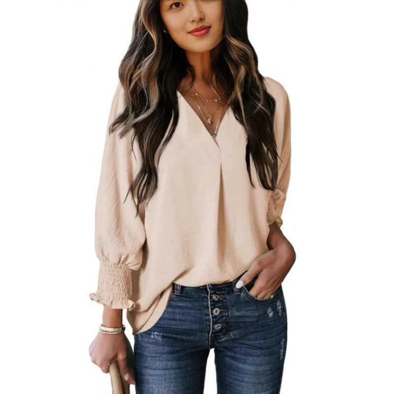 

2025Популярная женская рубашка с поясом и воротником-стойкой, повседневная свободная рубашка с рукавами 3/4, классическая рубашка, блузка, футболка