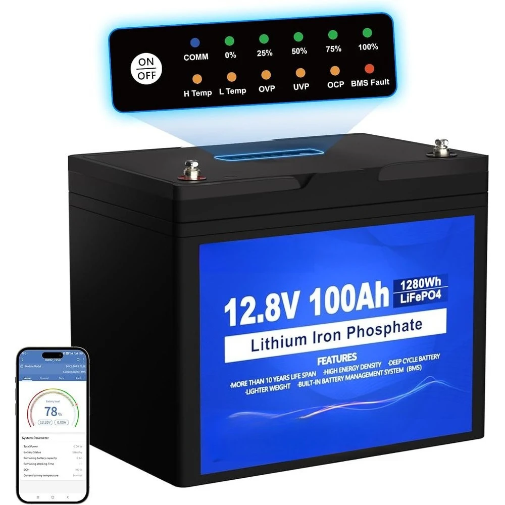 

Аккумулятор LiFePO4 12 В, 100 Ач, с индикатором SOC, Bluetooth, защита от низкой температуры, 100 А BMS, 15000 циклов для автофургонов, морских пехотинцев, лодок