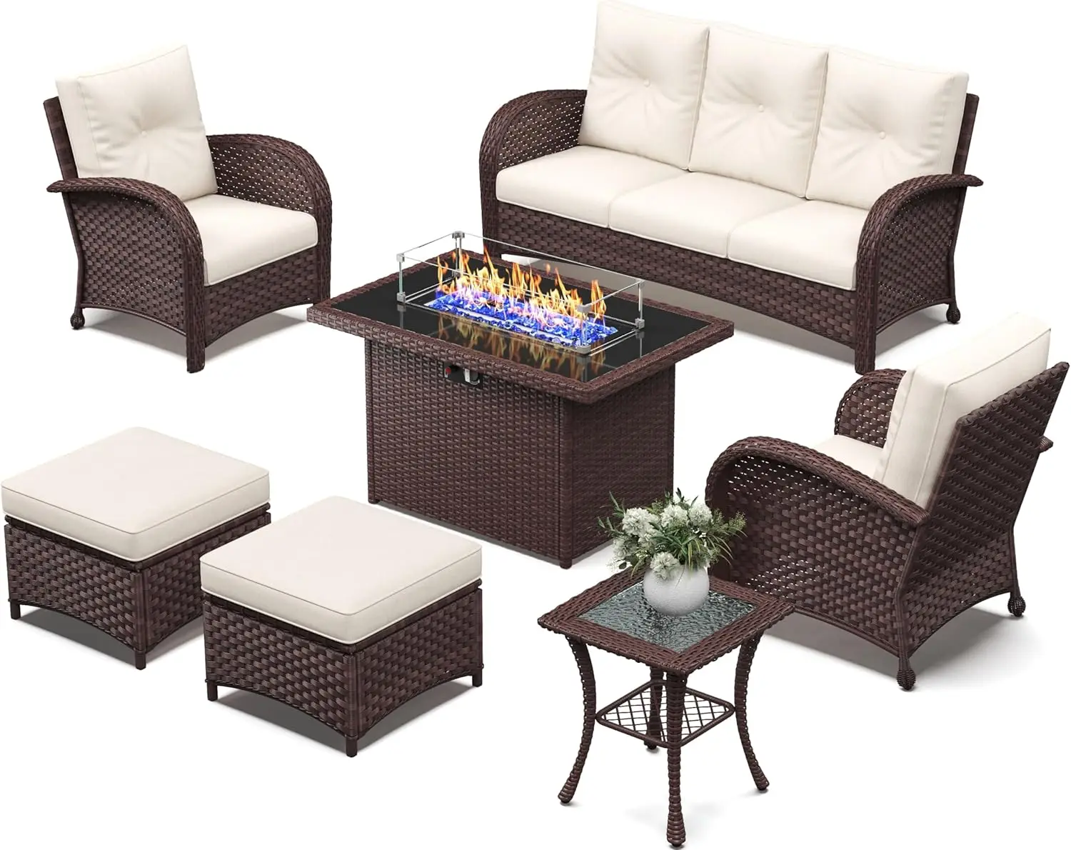 7pcs Patio Furniture Sets w/ Fire Pit Table, Wicker Rattan High Back Outdoor Armchairs Set w/3-Seat Couch, Ottomans & Side Table