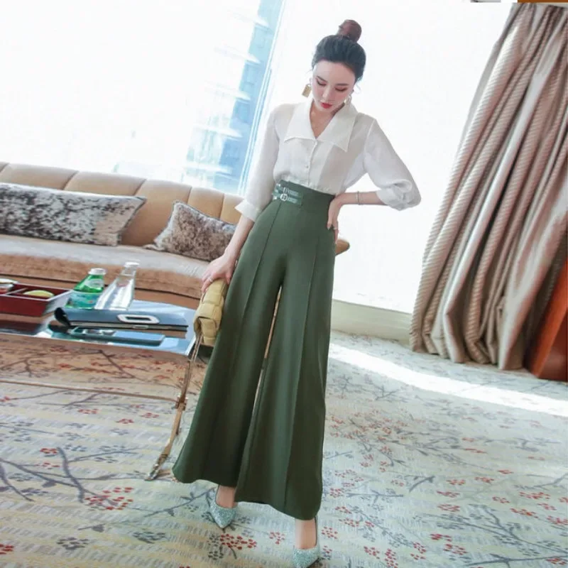 Summer 2024 Shirt Blouse and Pant Sets for Women 2 Pieces Splicing Wide Leg Trousers Woman Top Bottom Fashion Clothing Outfit D