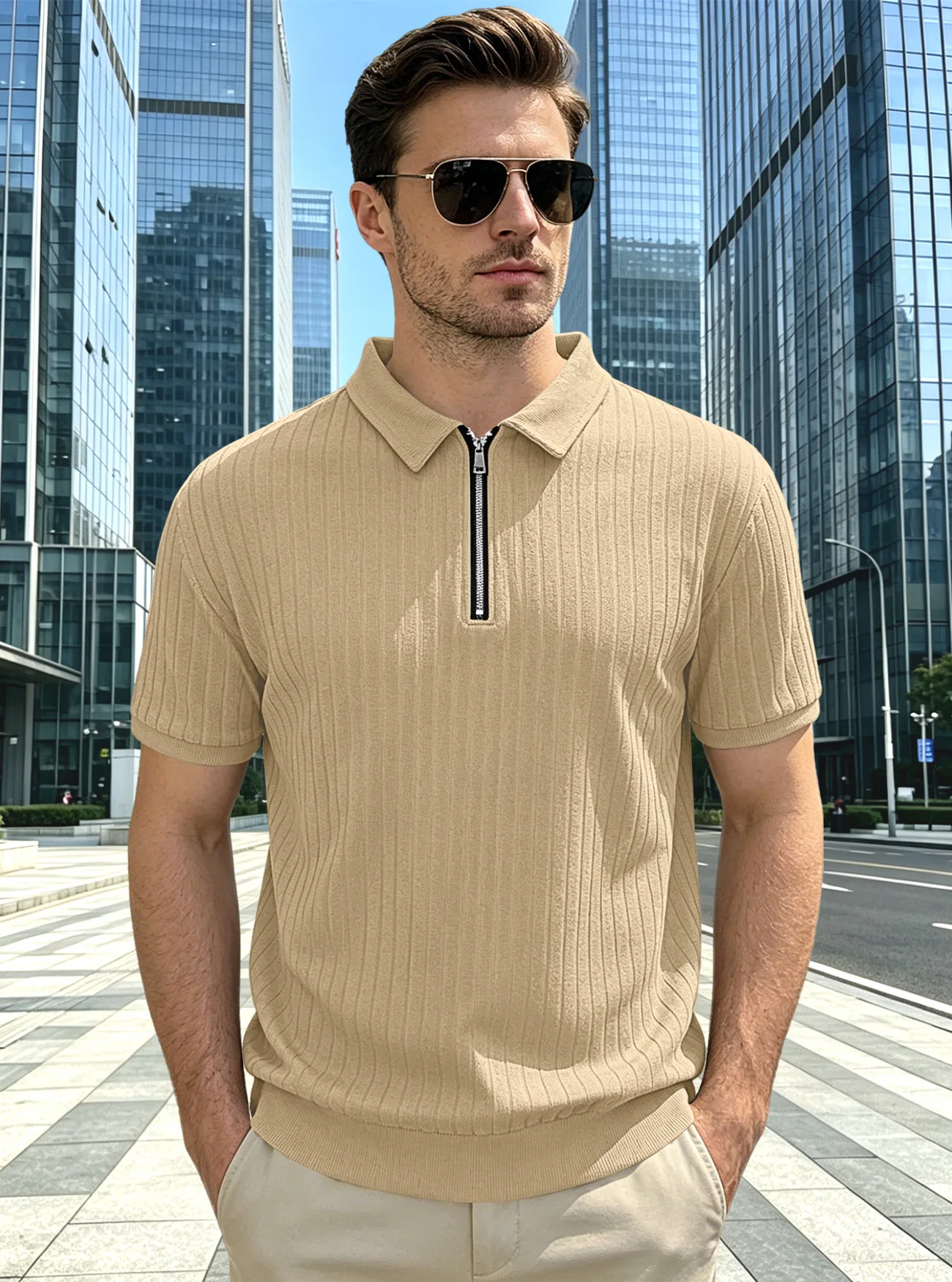 2026 New Style Men's Striped Knitted Polo Shirt - Half-zip Collar Short Sleeve Solid Color Outdoor Sports Casual Summer T-Shirt