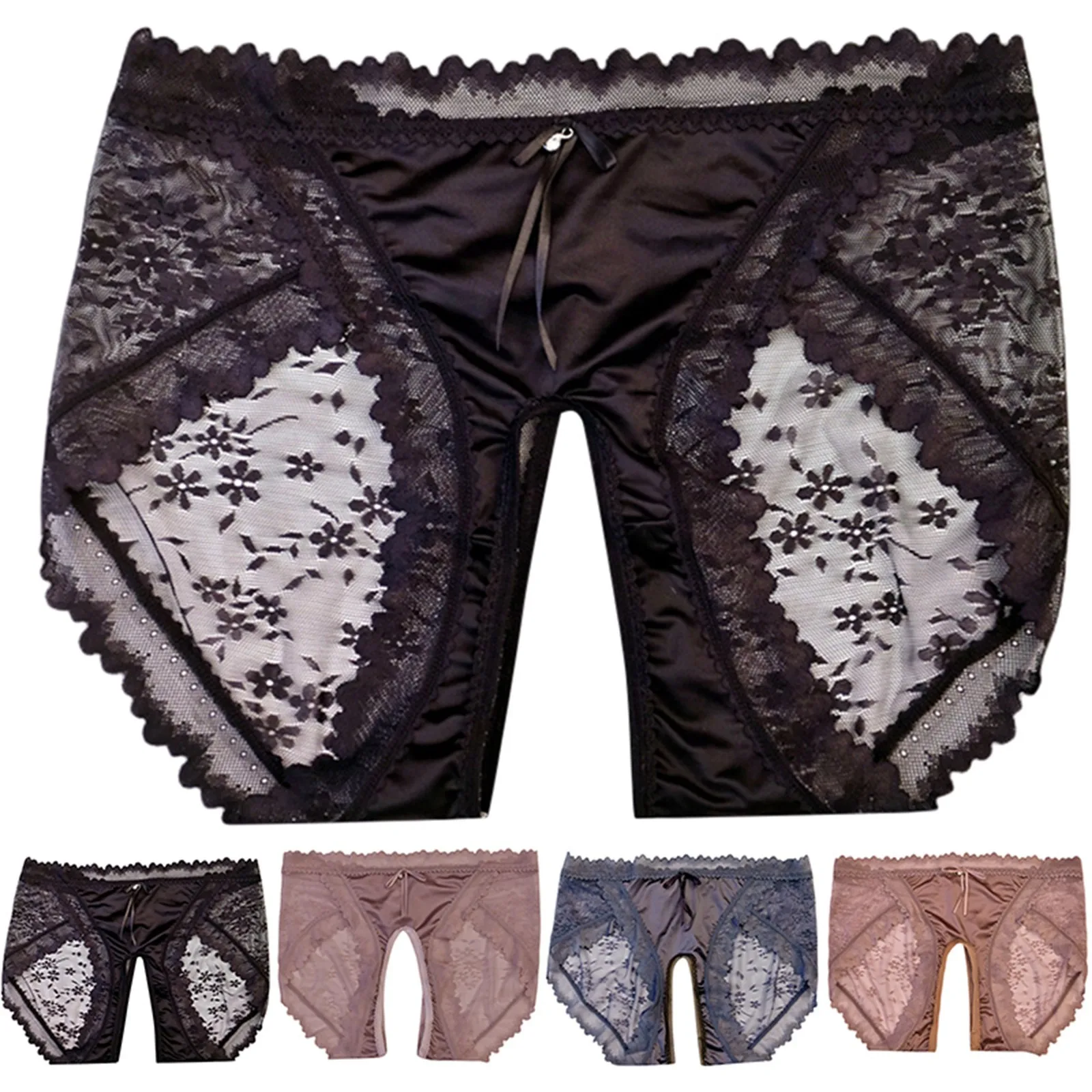 Letní útulné kalhotky pro ženy, saténové květinové krajkové spodní prádlo s otevřeným rozkrokem, sexy bezešvé kalhotky, měkké bavlněné tanga, plus velikosti, tanga - náhled 5