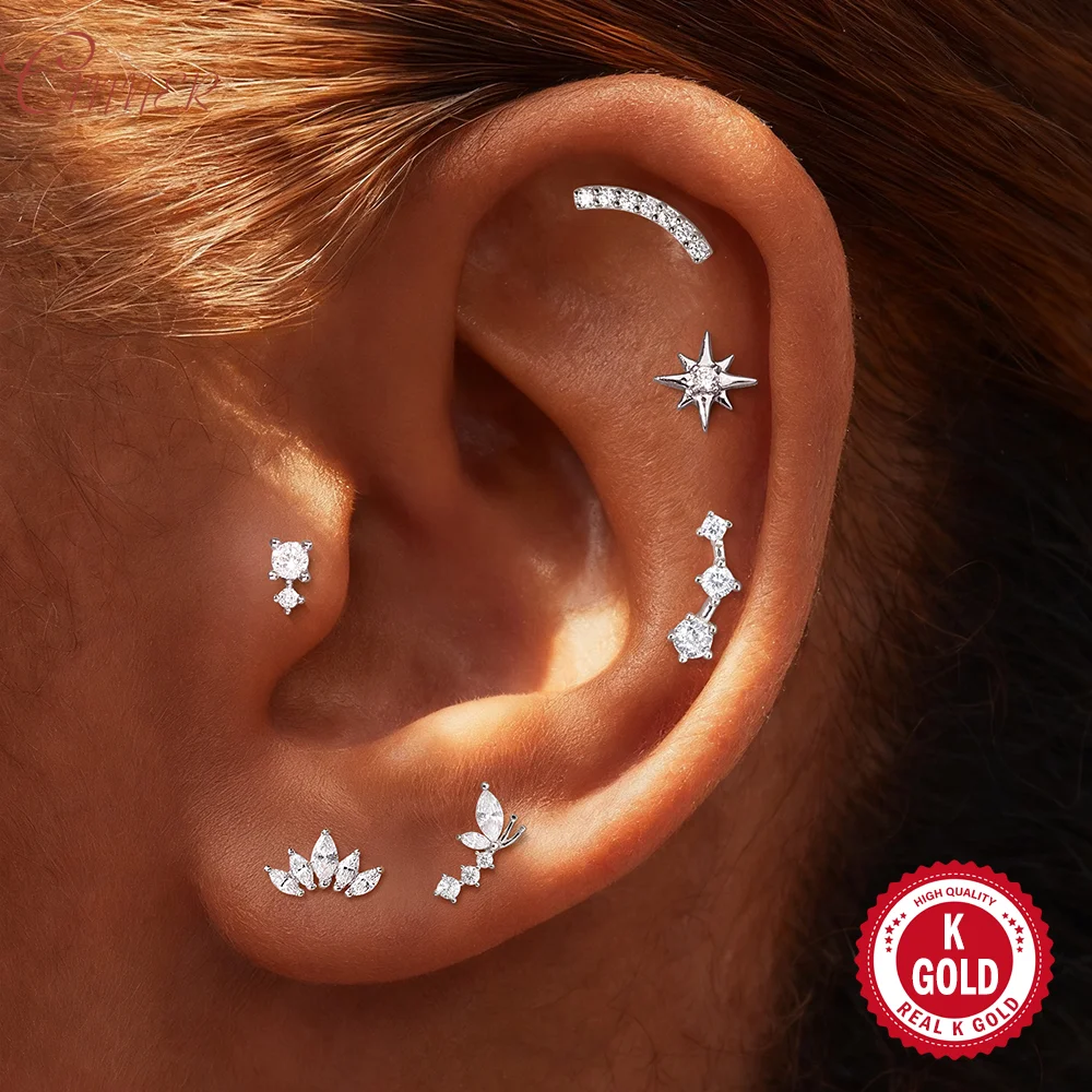 

CANNER 14K Solid Gold Geometric Zircon Butterfly/Star Piercing Earrings For Women Minimalist Chain Tassel Party Daily Wear Gifts