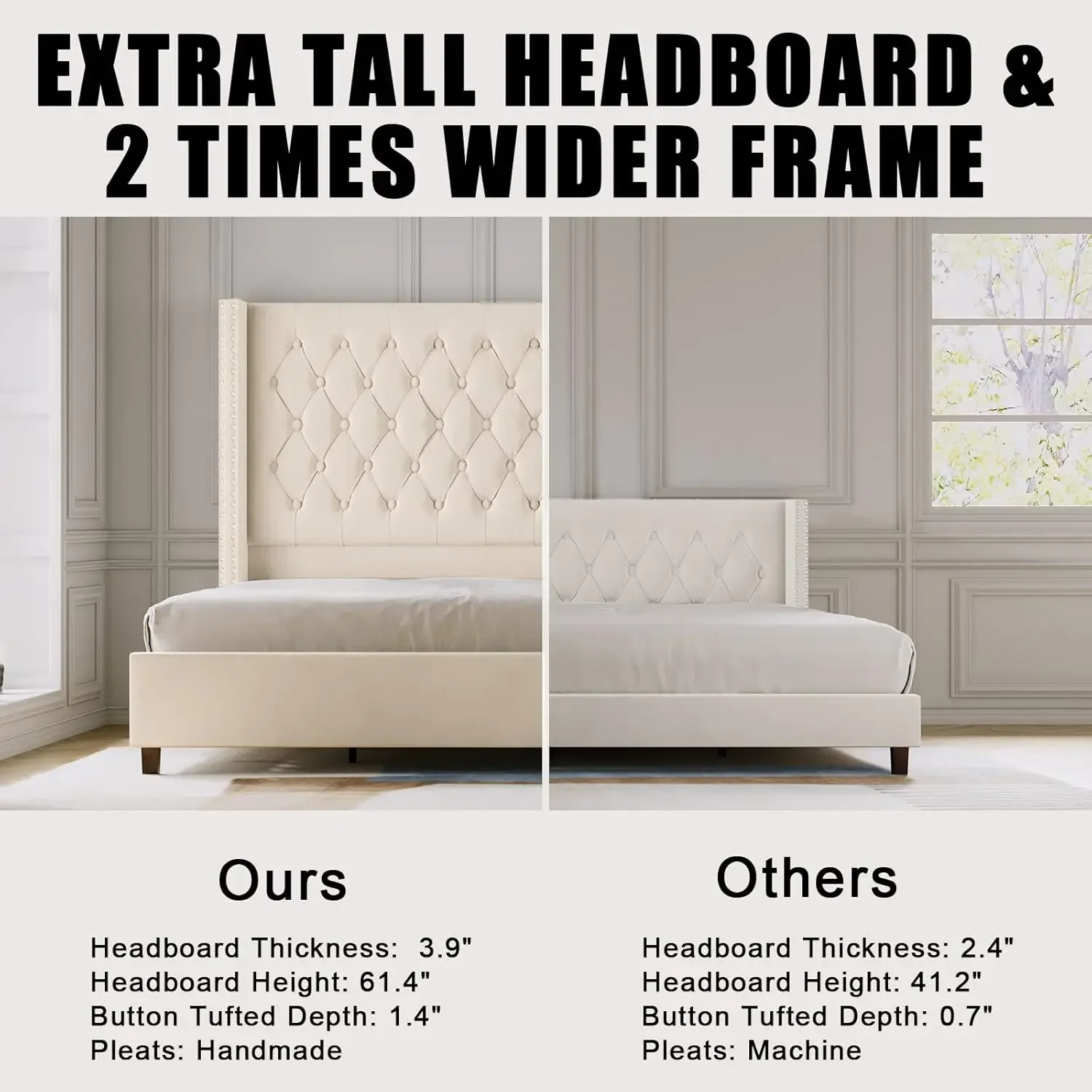 Platform Bed Frame 61.4" Handmade Headboard Velvet Tall Upholstered Bed Deep Button Tufted/No Box Spring Required/Wood Slat