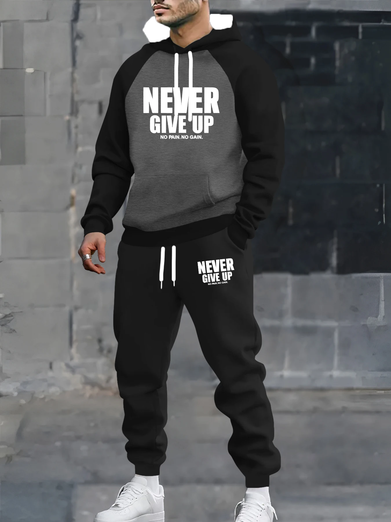 

Осенне-зимний мужской комплект с капюшоном для мужчин Never Give Up Letters Street Wear Спортивный комплект Удобные толстовки Комплект из 2 предметов Спортивные костюмы