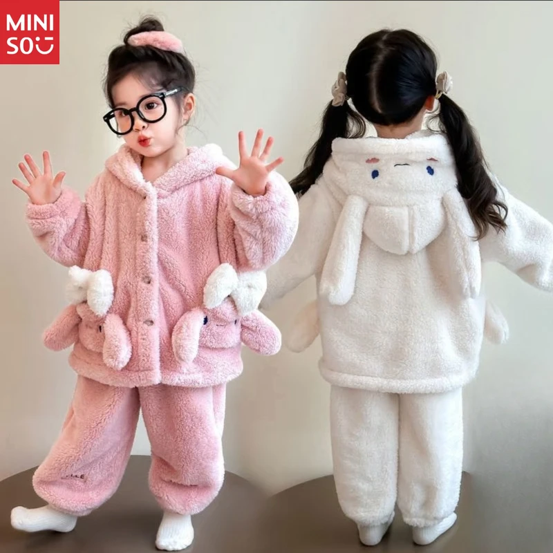 

Miniso Kids Bunny Pajama Set, Girls Fleece Hooded Sleepwear with Cartoon Print, Winter Loungewear