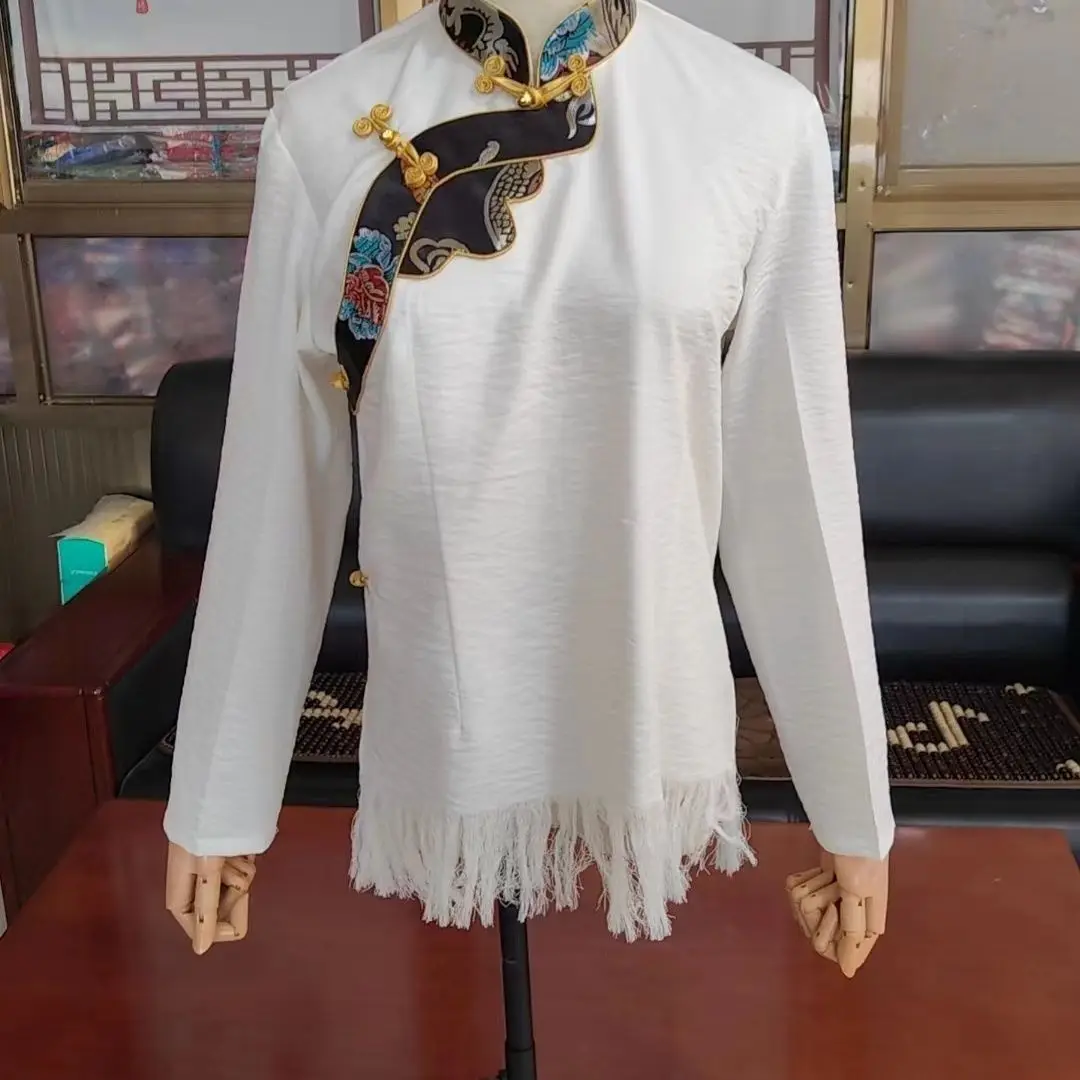 

New shirt solid color hem fringed shirt top Tibetan versatile and thin