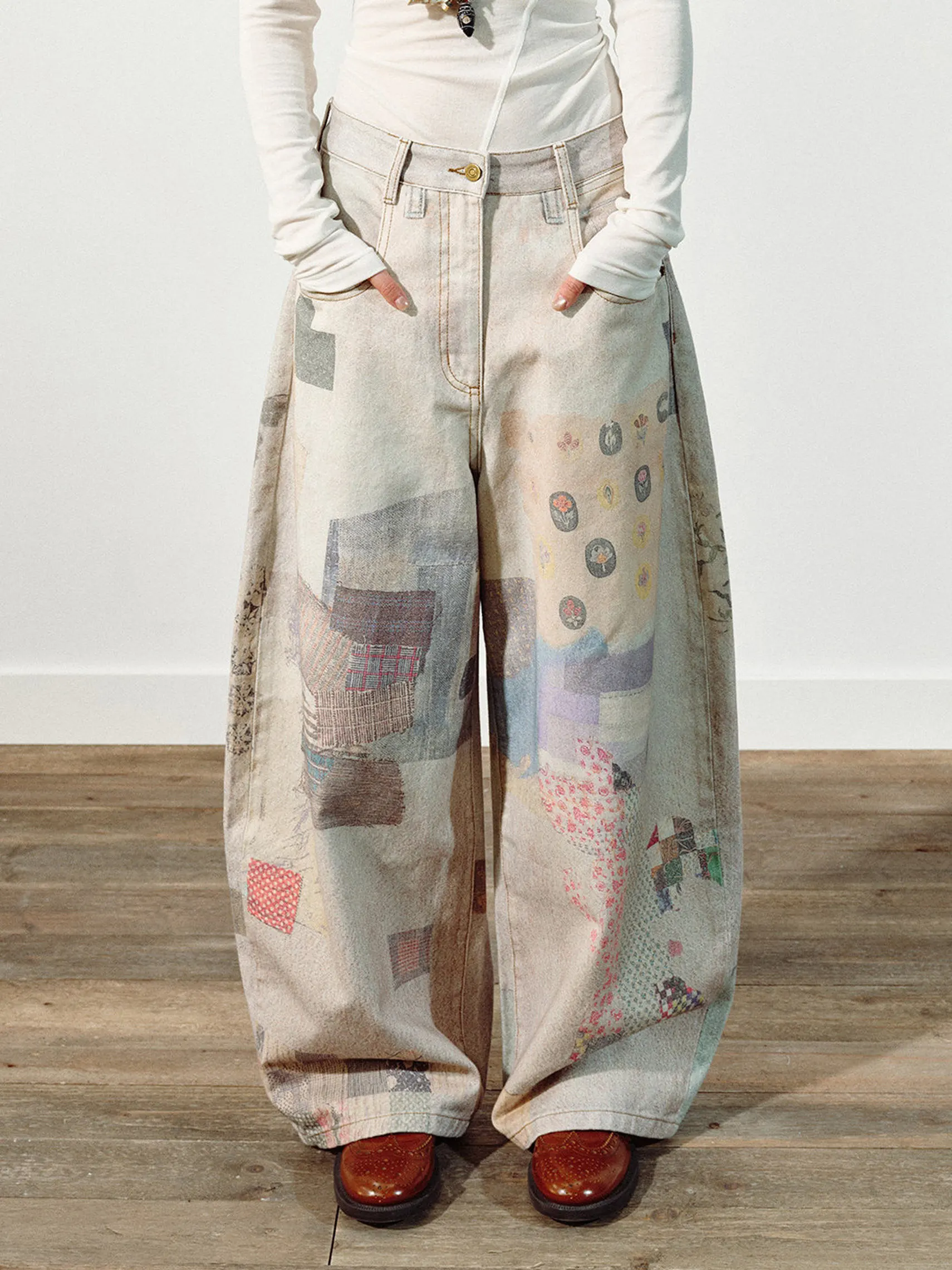 Women's New Y2k Printed Double Waistband Trousers High Street Hiphop Spring Autumn Loose Fit Casual Wide-Leg Pants