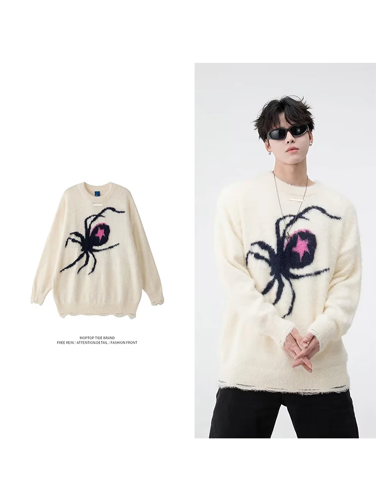 

Autumn Winter Spider Embroidery Men's Knitted Sweater Casual Loose Fit Overhead Sle Comfortable Faionable Youthful round ...
