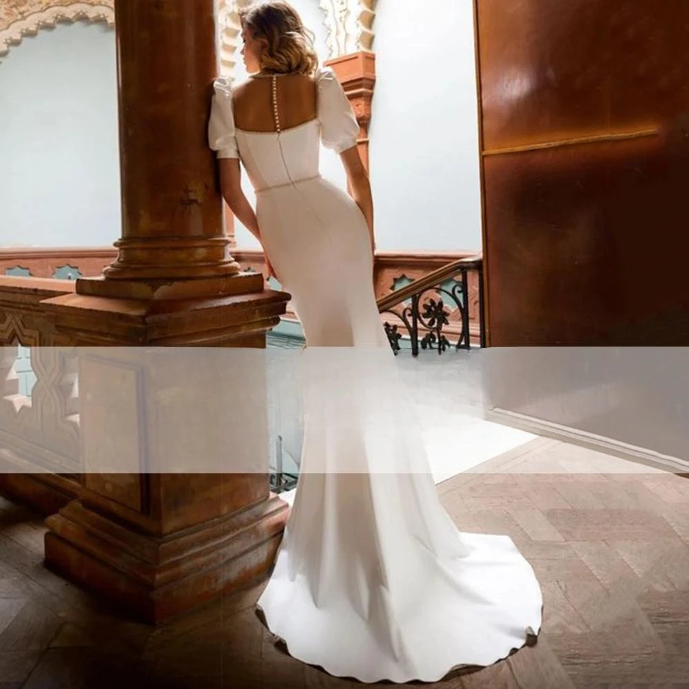 Abito da sposa a sirena con scollo a o trasparente manica corta a sbuffo guaina classica abito da sposa illusione personalizza per misurare l'abito elegante Marie