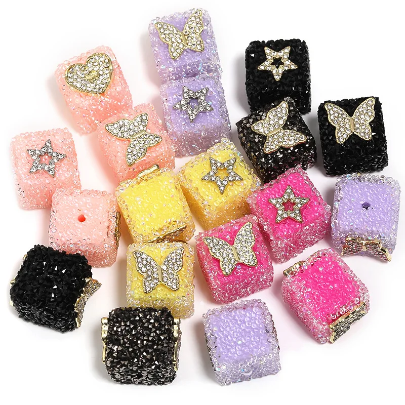 

Newest Metal Crystal Rhinestones Patch Decorated Jelly Candy Resin Geometry Square Jewelry Beads Fit Pen Necklace DIY 15pcs 22mm