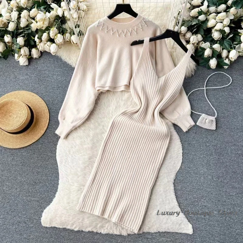 Pearl Lantern Sleeve Sweater And V-neck Tank Dress Twp Piece Set Knitting Pullovers Tight Midi Dress Fashion Winter Outfits 2024