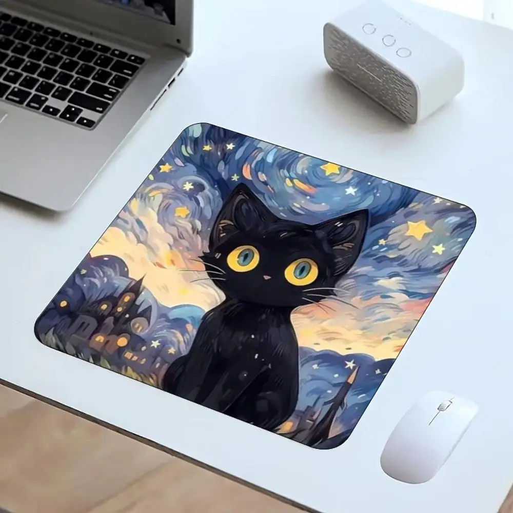 Art Painting Starry Sky Black Cat Square Mouse Pad Non Slip Rubber Mat Smooth Surface For Gaming Office Laptop PC Computer