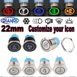 22mm Metal Push Button Switch with LED Light Laser Hollow Out Customize Icon Waterproof Latching Momentary 12V 220V 5V For DIY